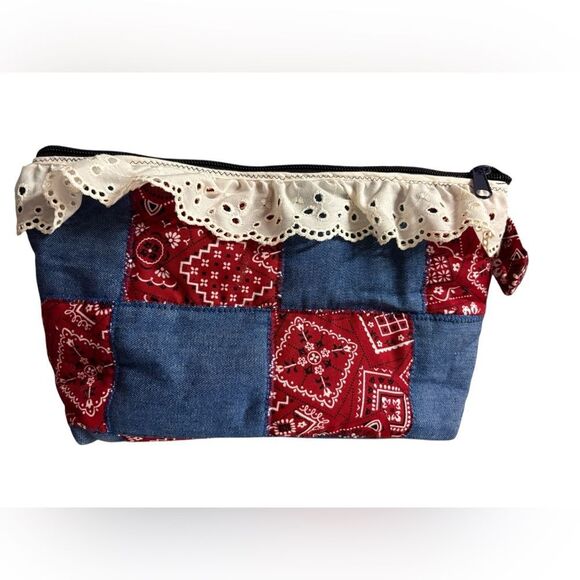 Denim and Red Bandana Cosmetic Bag - Picture 1 of 4